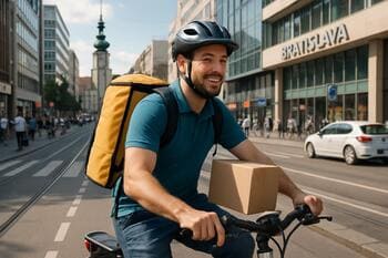Kuriér s balíkom v centre mesta