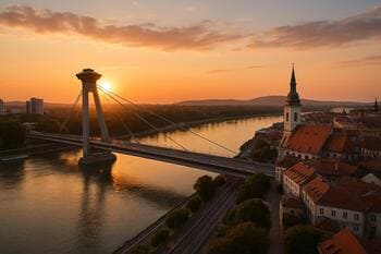 Večerný Dunaj a most SNP v Bratislave