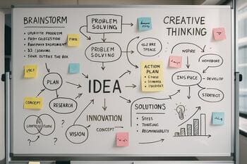 Whiteboard s náčrtmi UI počas workshopu